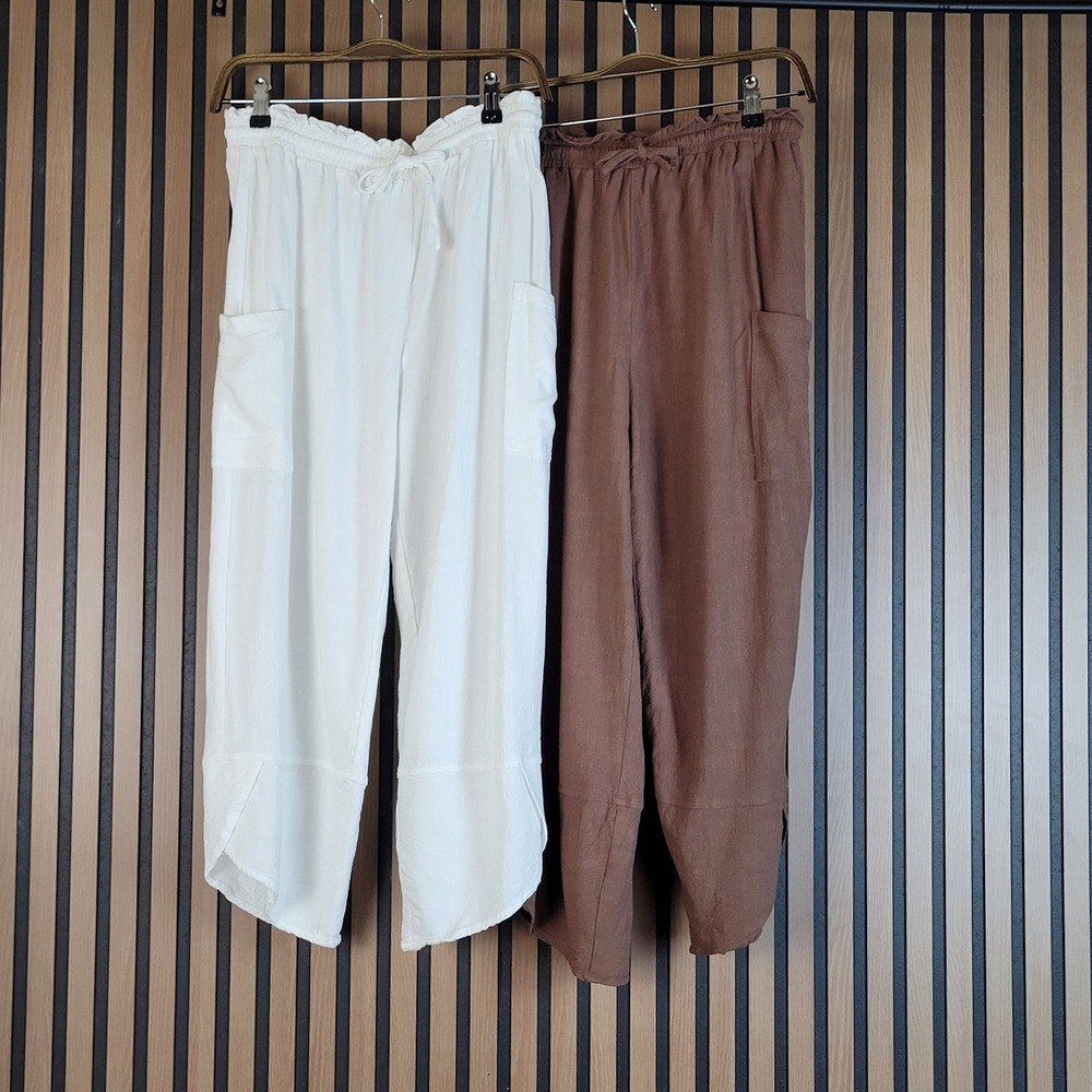 2 Pair LOMON Linen Pants Boho Wide Leg Capri Harem Brown and White Pockets L